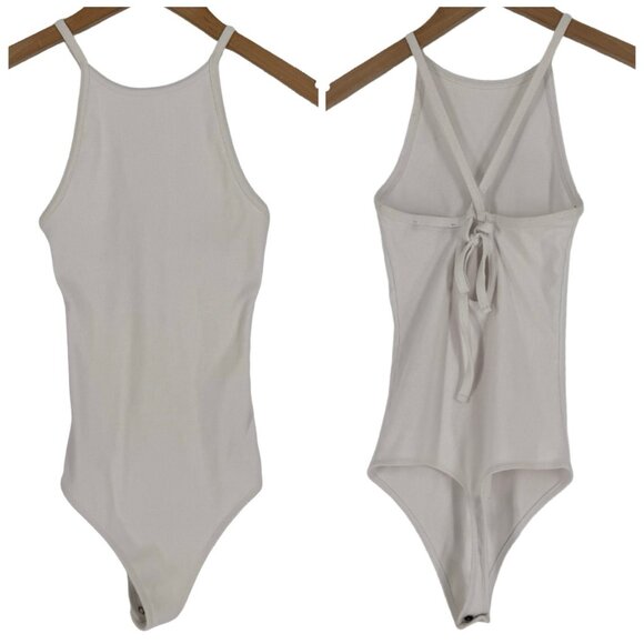 Abercrombie & Fitch Ribbed High Neck Tie Back Bodysuit in White | Small - Picture 1 of 9
